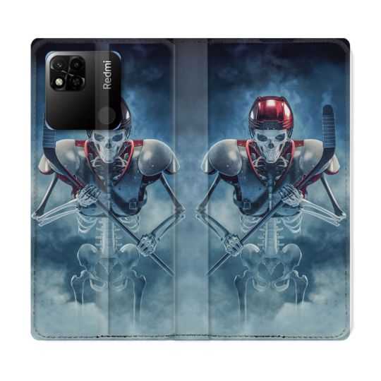 Housse cuir portefeuille Pour Xiaomi Redmi 10A Sport Hockey Squelette