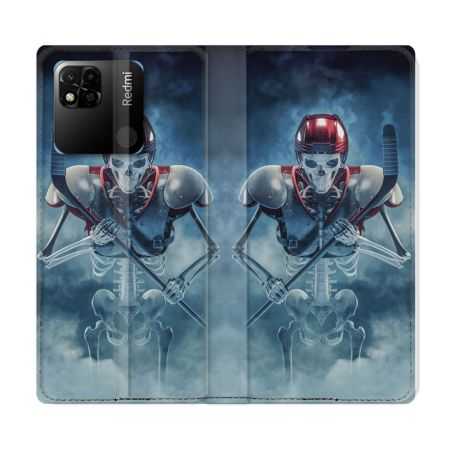 Housse cuir portefeuille Pour Xiaomi Redmi 10A Sport Hockey Squelette