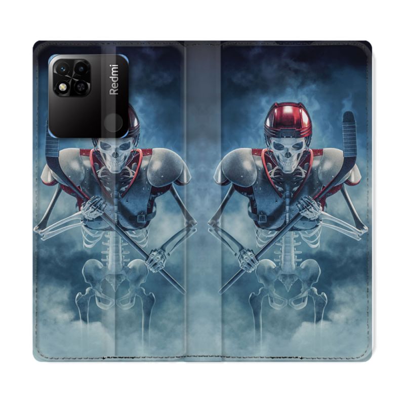 Housse cuir portefeuille Pour Xiaomi Redmi 10A Sport Hockey Squelette