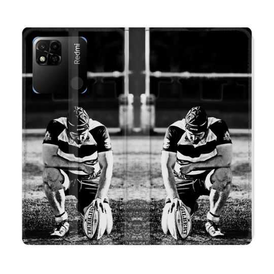 Housse cuir portefeuille Pour Xiaomi Redmi 10A Sport Rugby Noir Blanc