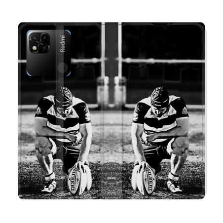 Housse cuir portefeuille Pour Xiaomi Redmi 10A Sport Rugby Noir Blanc