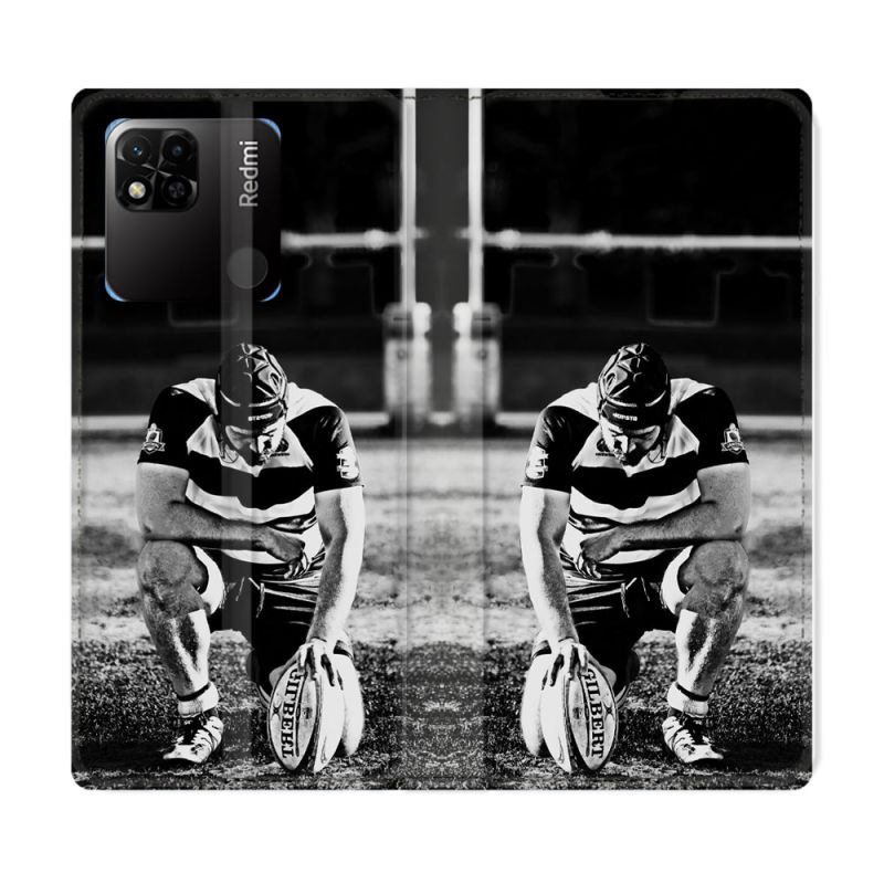 Housse cuir portefeuille Pour Xiaomi Redmi 10A Sport Rugby Noir Blanc