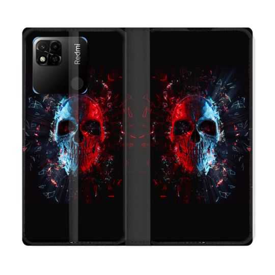 Housse cuir portefeuille Pour Xiaomi Redmi 10A Tete de Mort Deflagration
