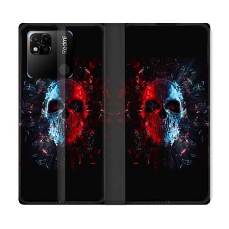 Housse cuir portefeuille Pour Xiaomi Redmi 10A Tete de Mort Deflagration