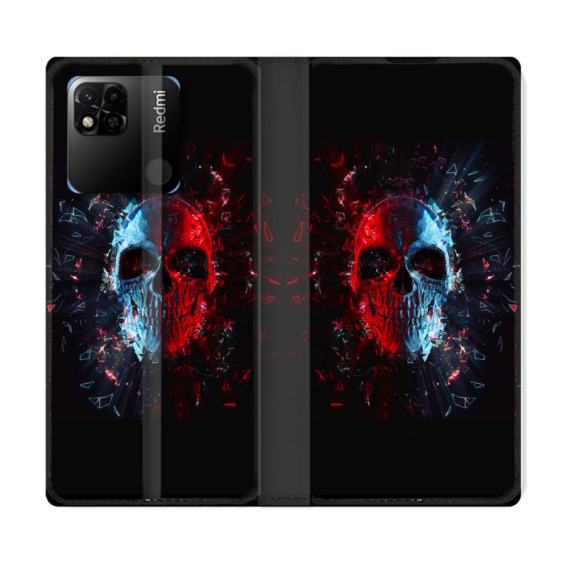 Housse cuir portefeuille Pour Xiaomi Redmi 10A Tete de Mort Deflagration