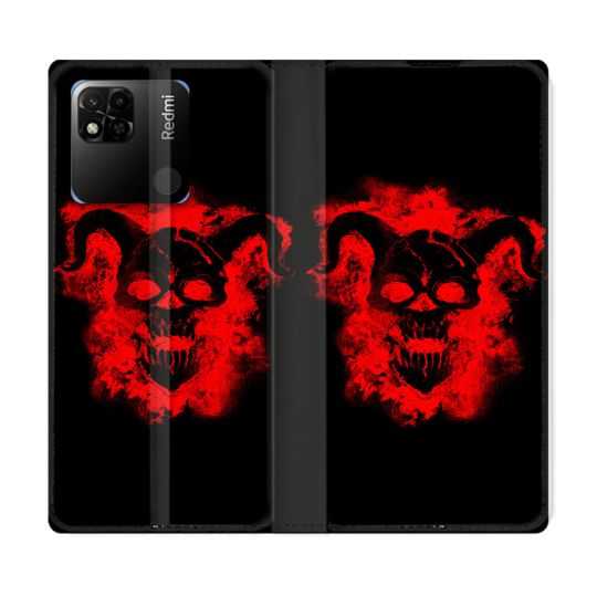 Housse cuir portefeuille Pour Xiaomi Redmi 10A Tete de Mort Diable