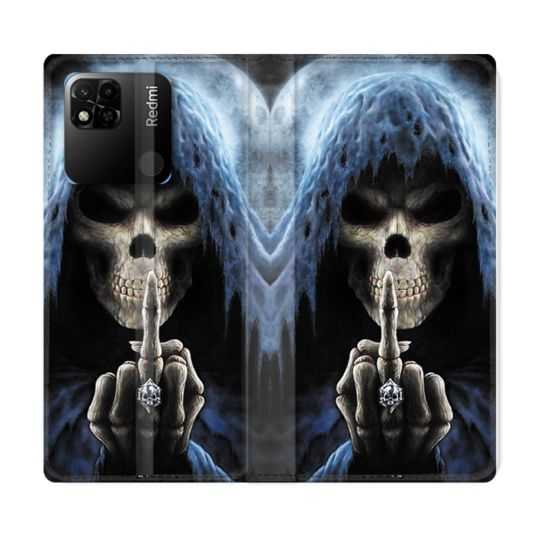 Housse cuir portefeuille Pour Xiaomi Redmi 10A Tete de Mort Doigt
