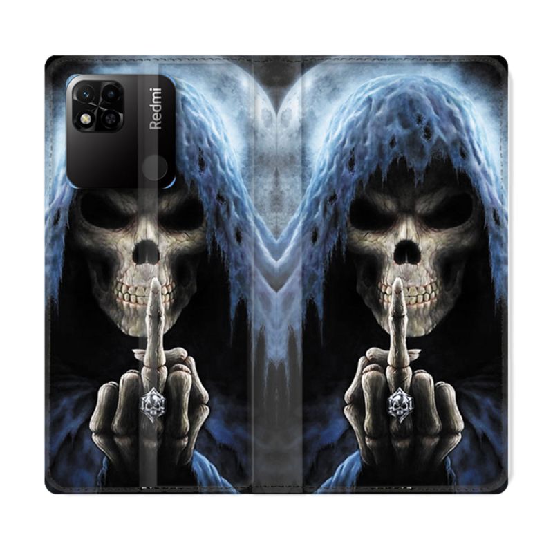Housse cuir portefeuille Pour Xiaomi Redmi 10A Tete de Mort Doigt