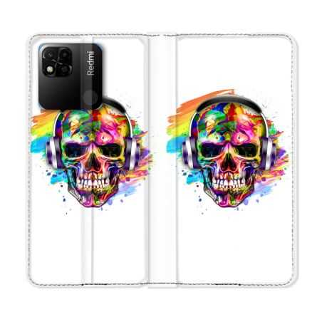 Housse cuir portefeuille Pour Xiaomi Redmi 10A Tete de Mort Tag