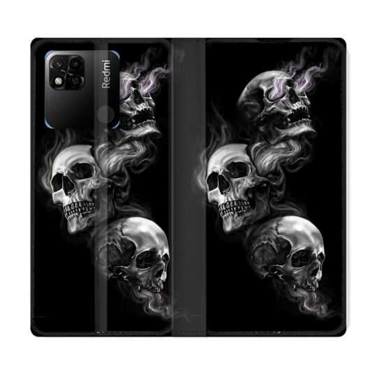 Housse cuir portefeuille Pour Xiaomi Redmi 10A Tete de Mort Triple