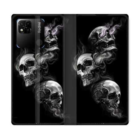 Housse cuir portefeuille Pour Xiaomi Redmi 10A Tete de Mort Triple