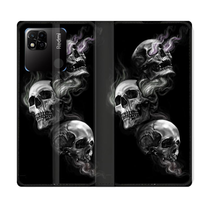 Housse cuir portefeuille Pour Xiaomi Redmi 10A Tete de Mort Triple
