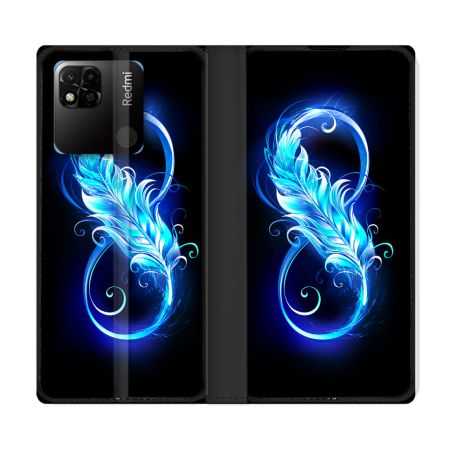 Housse cuir portefeuille Pour Xiaomi Redmi 10A Texture Plume Infini Bleu