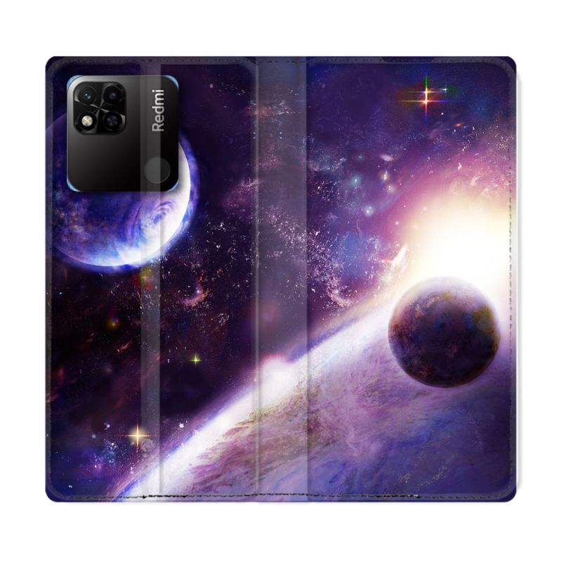 Housse cuir portefeuille Pour Xiaomi Redmi 10A Univers Planete Stellaire