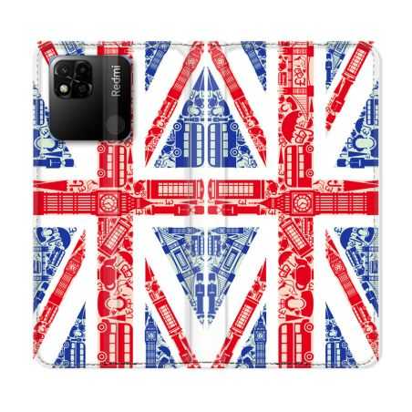 Housse cuir portefeuille Pour Xiaomi Redmi 10A Voyage Angleterre Blanc