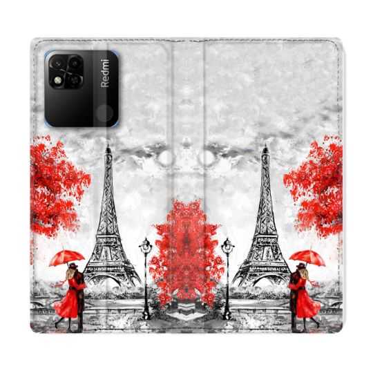 Housse cuir portefeuille Pour Xiaomi Redmi 10A Voyage France Paris Rouge