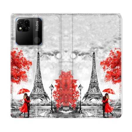 Housse cuir portefeuille Pour Xiaomi Redmi 10A Voyage France Paris Rouge