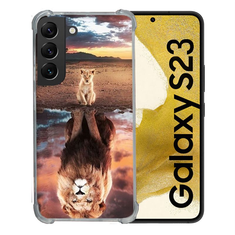 Coque Renforcée En Verre Trempé Pour Samsung Galaxy S23 Animal Lion Reflet