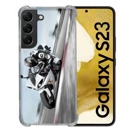 Coque Renforcée En Verre Trempé Pour Samsung Galaxy S23 Moto Course GP Blanche