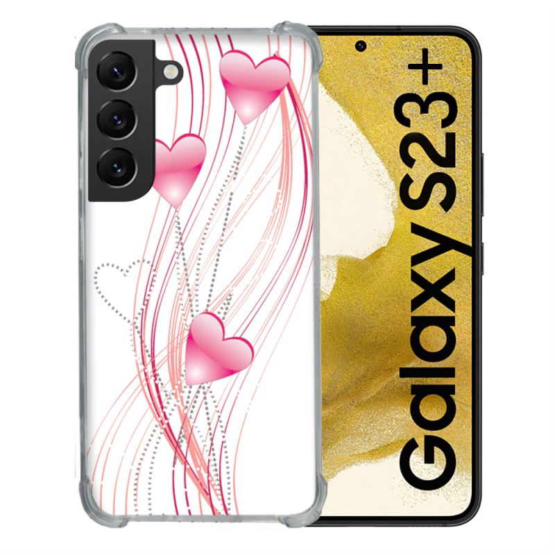 Coque Renforcée En Verre Trempé Pour Samsung Galaxy S23 Plus Amour Coeur Rose Montant sur Blanc