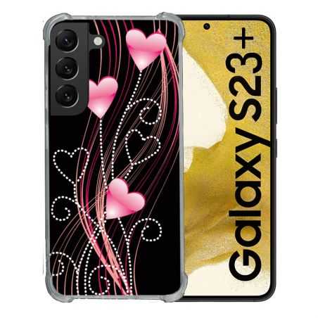 Coque Renforcée En Verre Trempé Pour Samsung Galaxy S23 Plus Amour Coeur Rose Montant sur Noir