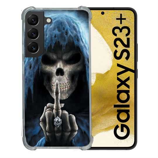 Coque Renforcée En Verre Trempé Pour Samsung Galaxy S23 Plus Tete de Mort Doigt