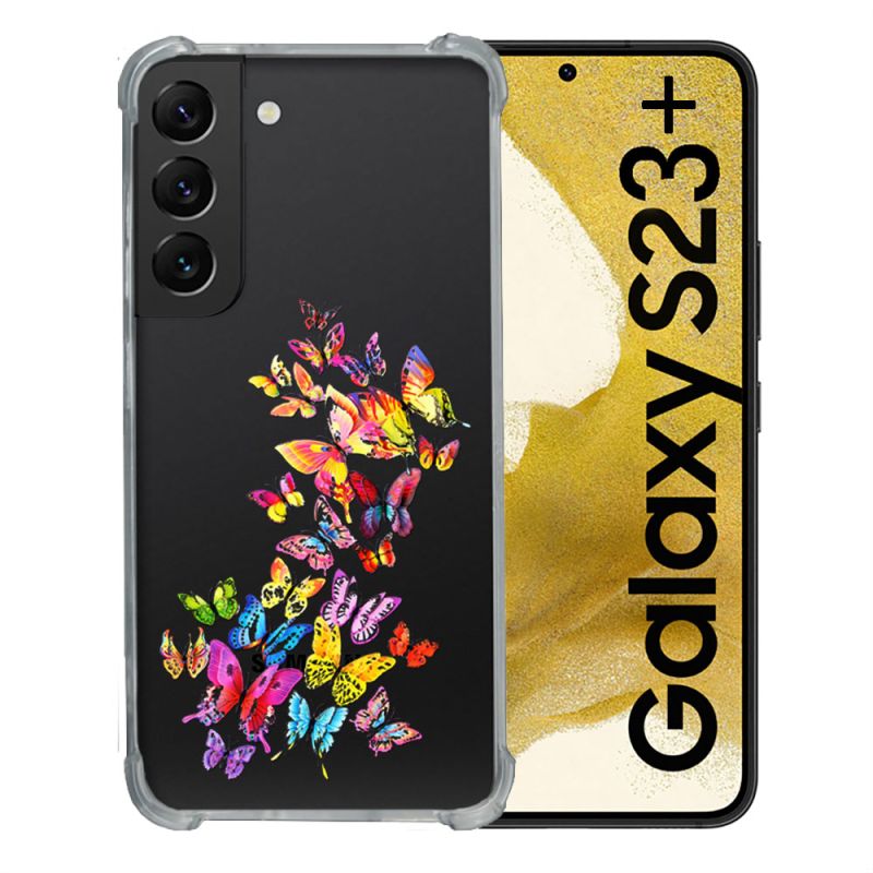 Coque Renforcée En Verre Trempé Transparente Pour Samsung Galaxy S23 Plus Papillon Multicolore