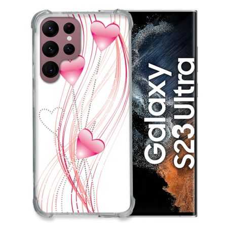 Coque Renfocée en Verre Trempé Pour Samsung Galaxy S23 Ultra Amour Coeur Rose Montant sur Blanc
