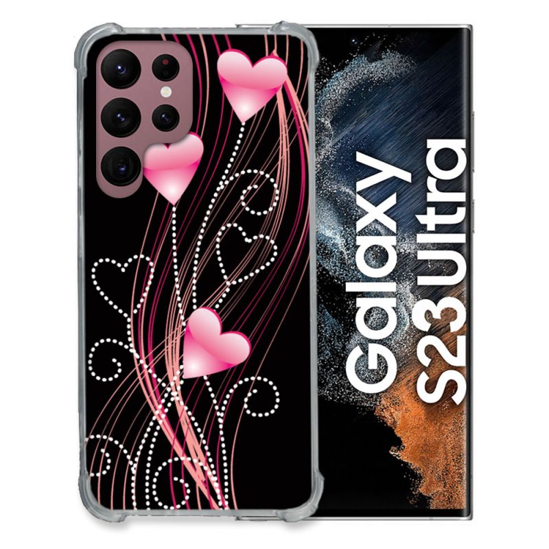 Coque Renfocée en Verre Trempé Pour Samsung Galaxy S23 Ultra Amour Coeur Rose Montant sur Noir