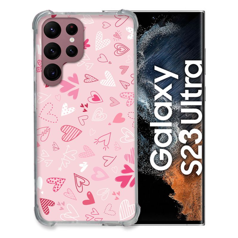 Coque Renfocée en Verre Trempé Pour Samsung Galaxy S23 Ultra Amour Ptis Coeurs