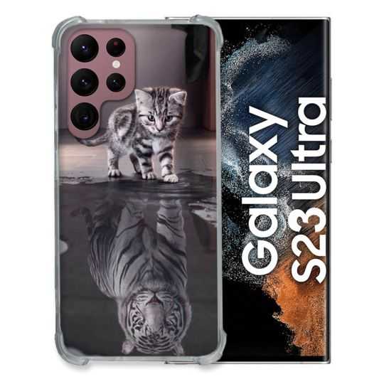 Coque Renfocée en Verre Trempé Pour Samsung Galaxy S23 Ultra Animal Chat Reflet
