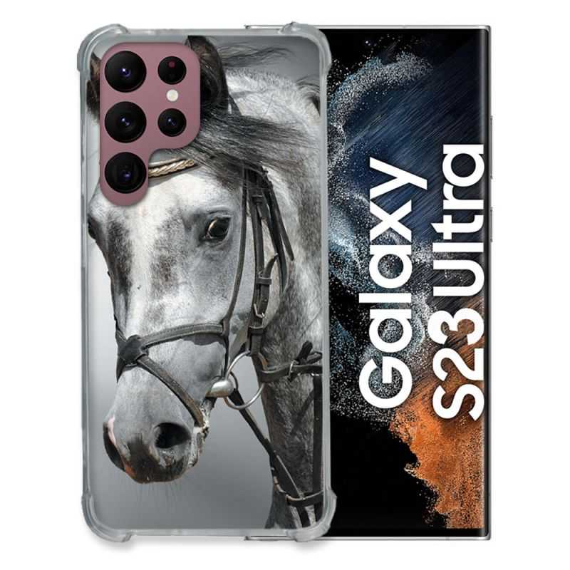 Coque Renfocée en Verre Trempé Pour Samsung Galaxy S23 Ultra Animal Cheval Blanc