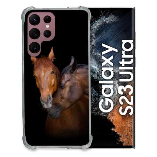 Coque Renfocée en Verre Trempé Pour Samsung Galaxy S23 Ultra Animal Cheval Marron