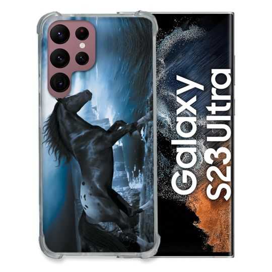 Coque Renfocée en Verre Trempé Pour Samsung Galaxy S23 Ultra Animal Cheval Noir