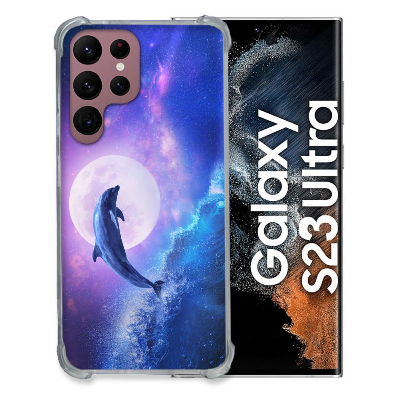 Coque Renfocée en Verre Trempé Pour Samsung Galaxy S23 Ultra Animal Dauphin Vague