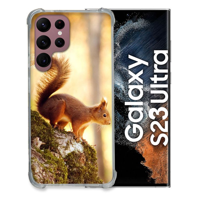 Coque Renfocée en Verre Trempé Pour Samsung Galaxy S23 Ultra Animal Ecureuil Bois