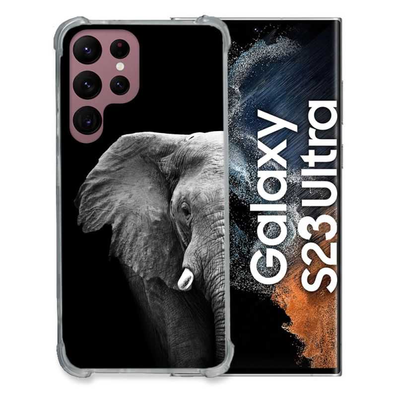 Coque Renfocée en Verre Trempé Pour Samsung Galaxy S23 Ultra Animal Elephant Noir
