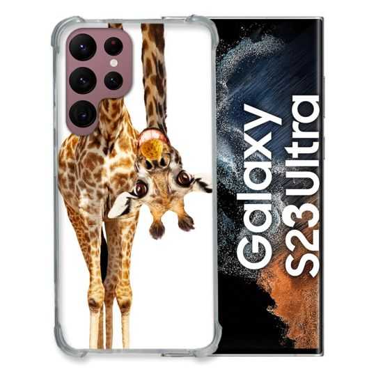 Coque Renfocée en Verre Trempé Pour Samsung Galaxy S23 Ultra Animal Girafe Blanche