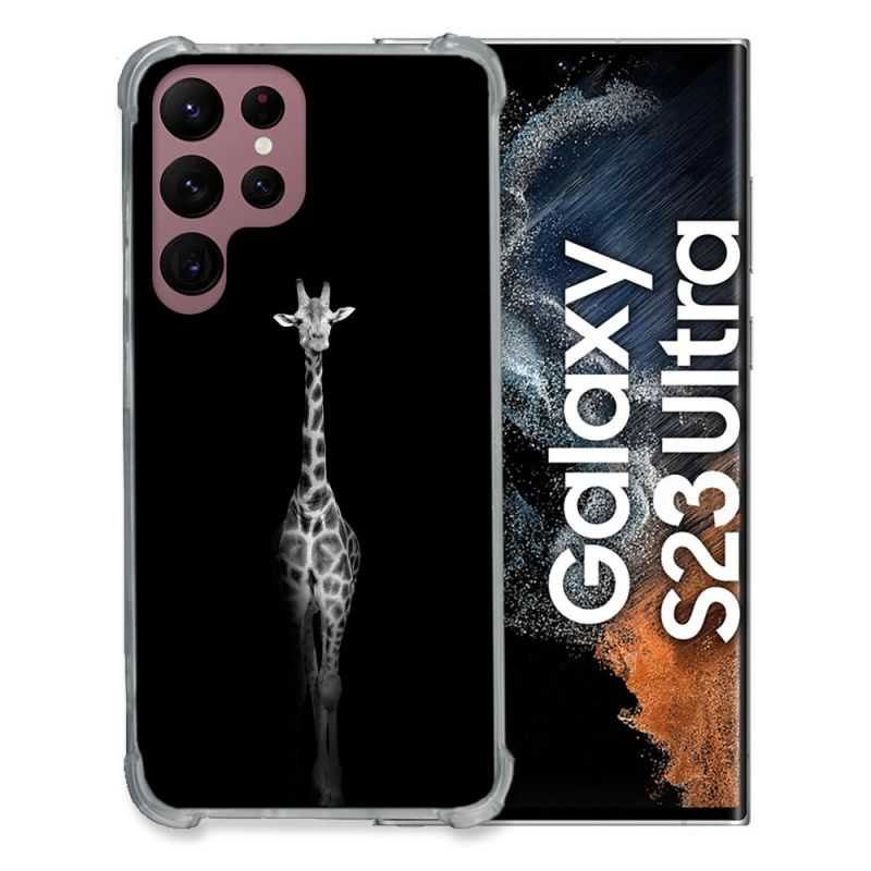 Coque Renfocée en Verre Trempé Pour Samsung Galaxy S23 Ultra Animal Girafe Noire