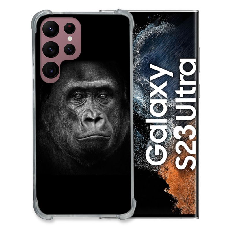 Coque Renfocée en Verre Trempé Pour Samsung Galaxy S23 Ultra Animal Gorille Noir