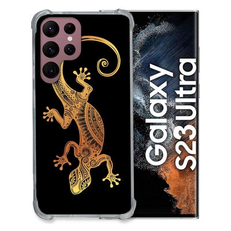 Coque Renfocée en Verre Trempé Pour Samsung Galaxy S23 Ultra Animal Lezard Noir
