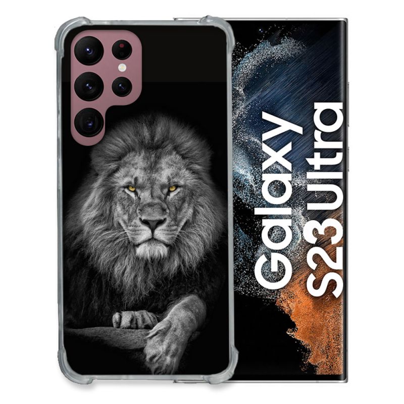 Coque Renfocée en Verre Trempé Pour Samsung Galaxy S23 Ultra Animal Lion Majestueux