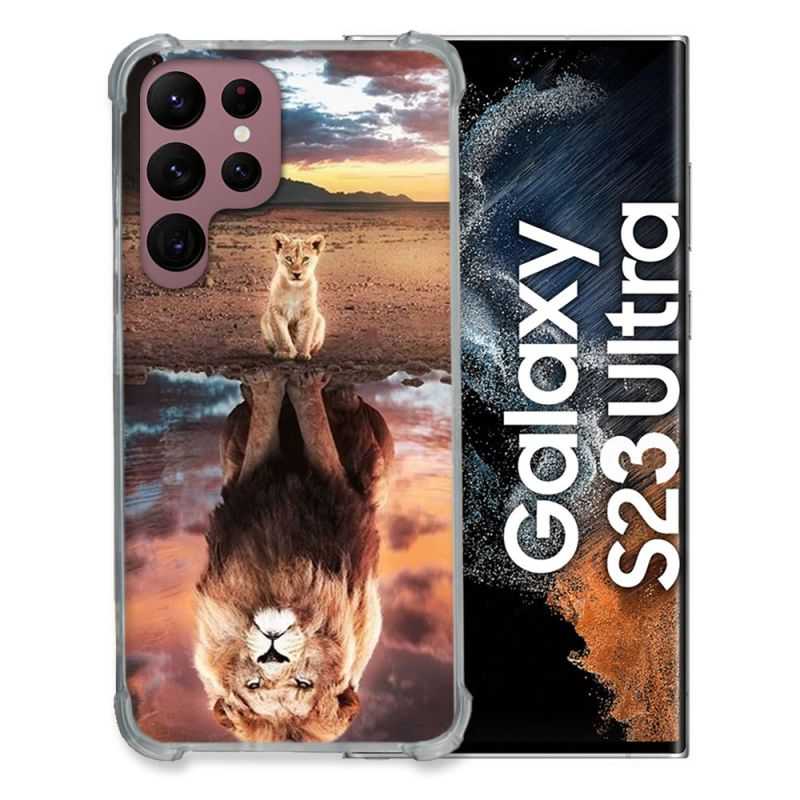 Coque Renfocée en Verre Trempé Pour Samsung Galaxy S23 Ultra Animal Lion Reflet