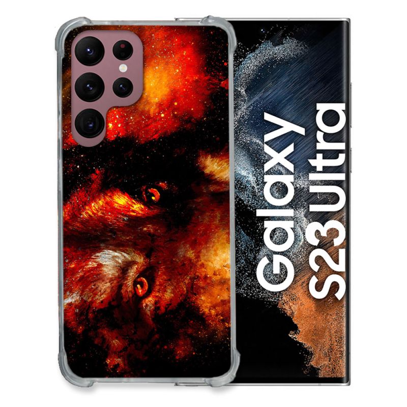 Coque Renfocée en Verre Trempé Pour Samsung Galaxy S23 Ultra Animal Loup Espace