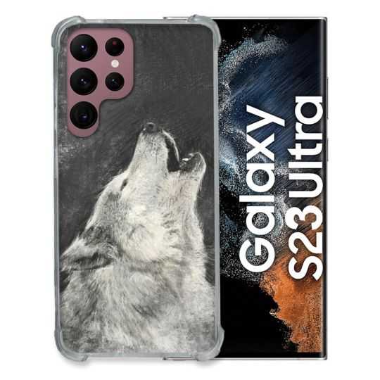 Coque Renfocée en Verre Trempé Pour Samsung Galaxy S23 Ultra Animal Loup Hurlement
