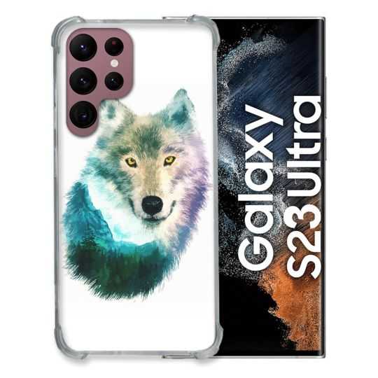 Coque Renfocée en Verre Trempé Pour Samsung Galaxy S23 Ultra Animal Loup Montagne