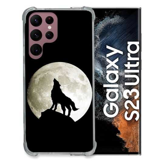 Coque Renfocée en Verre Trempé Pour Samsung Galaxy S23 Ultra Animal Loup Noir