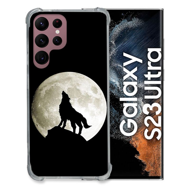 Coque Renfocée en Verre Trempé Pour Samsung Galaxy S23 Ultra Animal Loup Noir