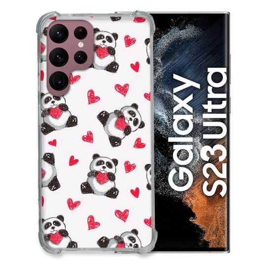 Coque Renfocée en Verre Trempé Pour Samsung Galaxy S23 Ultra Animal Panda Cœur