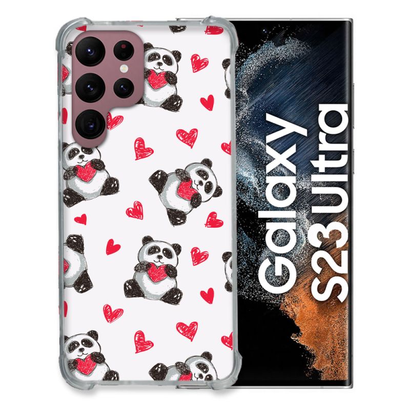 Coque Renfocée en Verre Trempé Pour Samsung Galaxy S23 Ultra Animal Panda Cœur